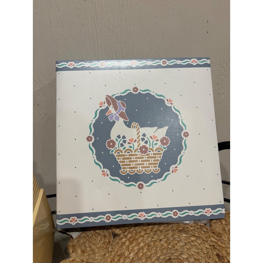 Vintage 80s Country Goose Flower Basket 3 Ring Binder Blue Pink Cottagecore